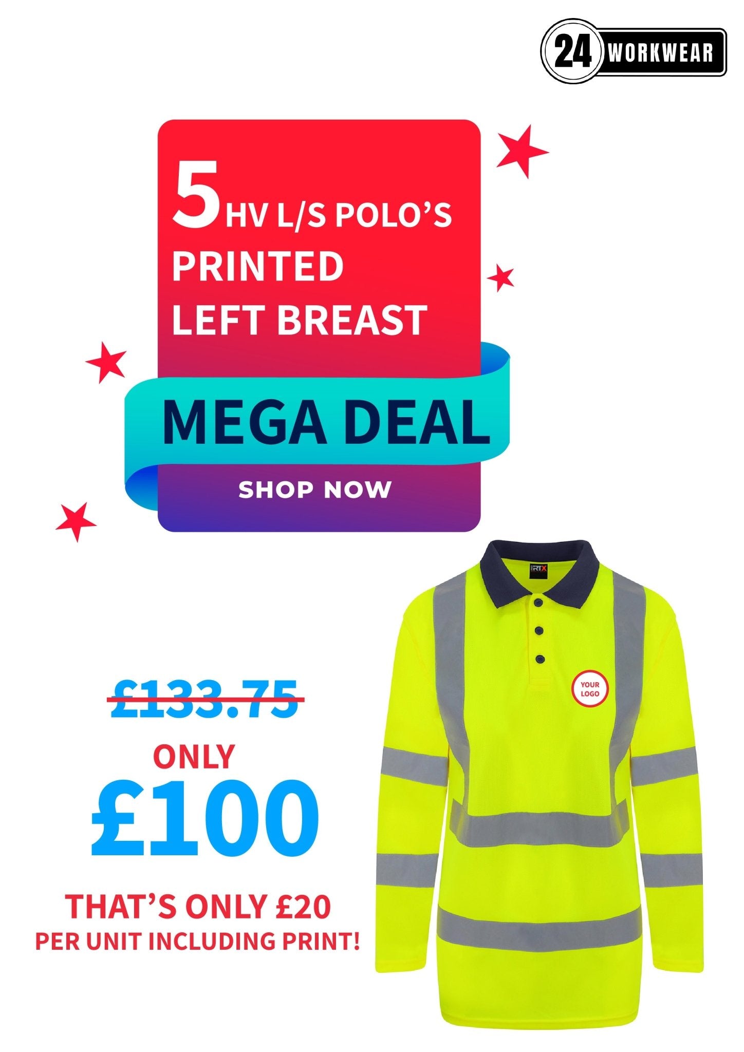 5 x High Visibility Long Sleeve Polo - 24 Workwear - Polo