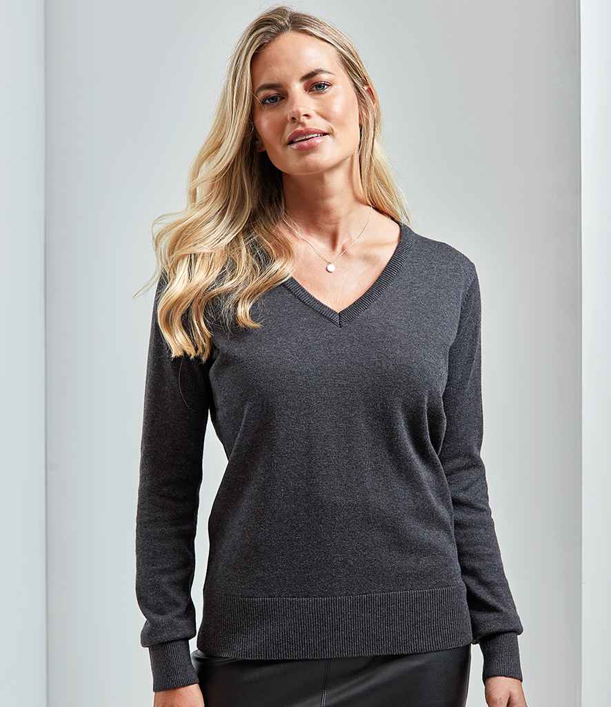 Premier Ladies Knitted Cotton Acrylic V Neck Sweater - 24 Workwear - Jumper